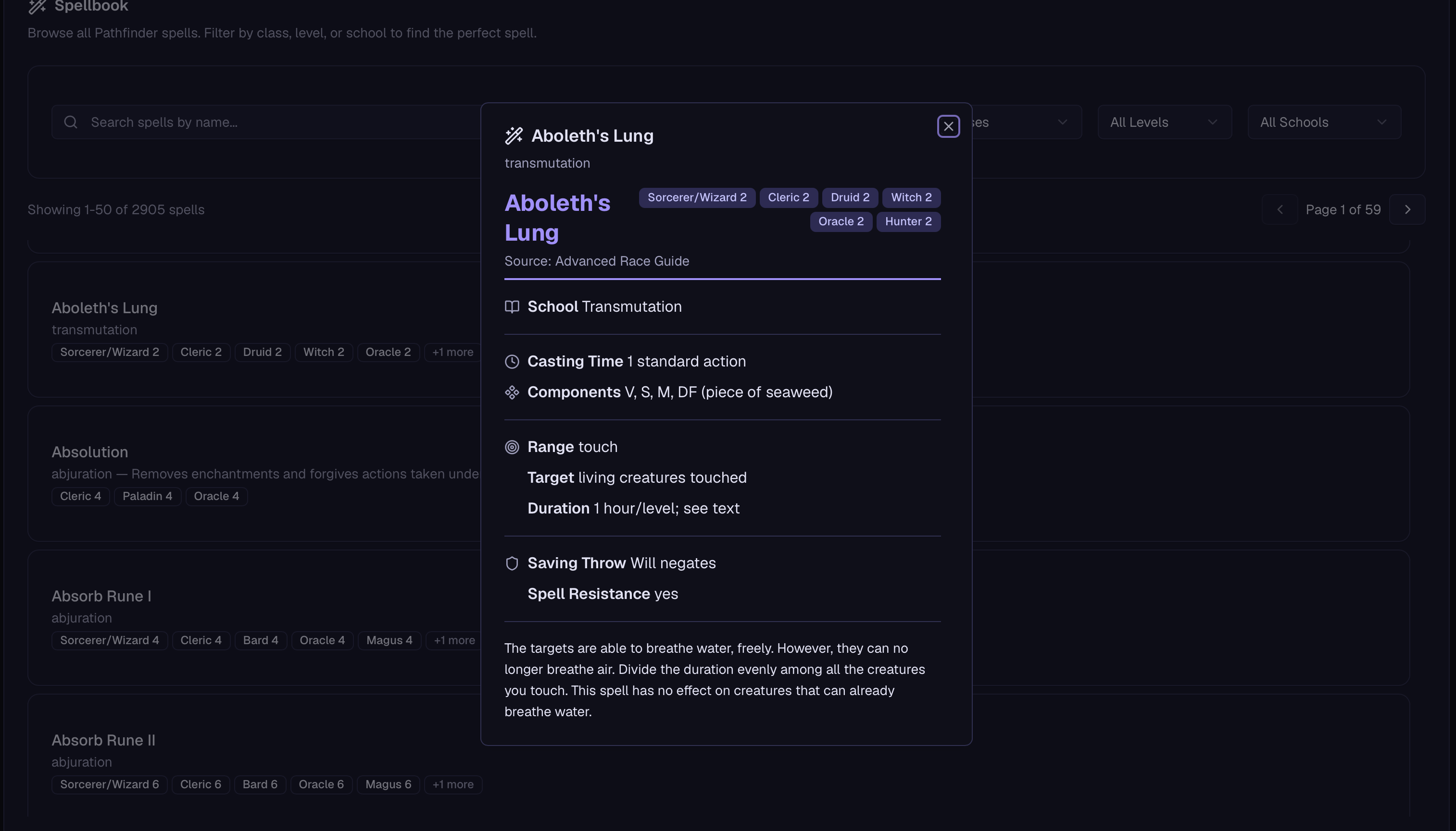 Dungeon Hexen Spell Database interface